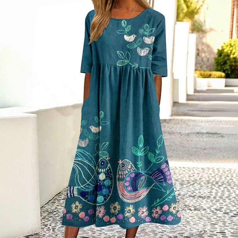 Robe Vintage À Imprimé Oiseaux