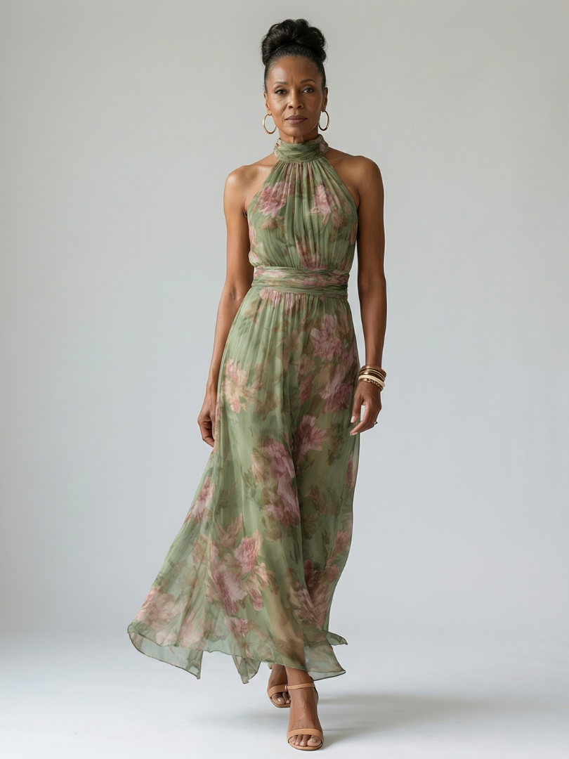 DELACROIX | Robe Midi à Encolure Halter Froncée Mirelle