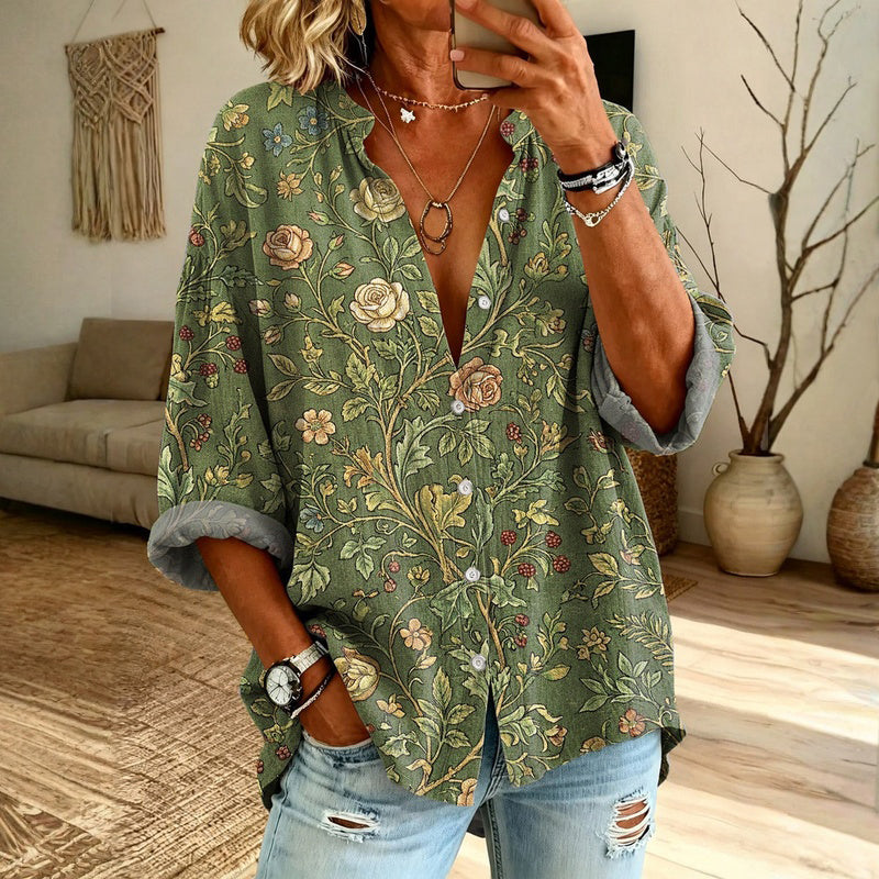 【Manches Longues】Chemisier Vintage À Imprimé Floral