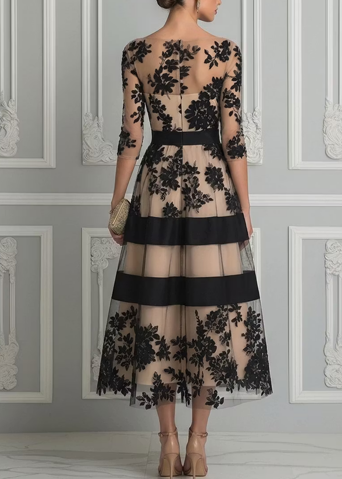 Robe Midi A-Line Élégante en Dentelle Noire
