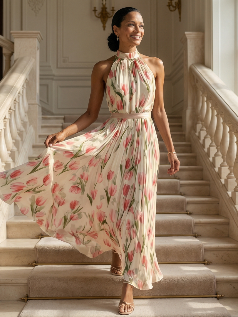 DELACROIX | Robe Midi à Col Halter à Fleurs Aurelle