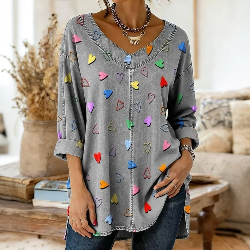 【Manches Longues】Blouse Vintage À Imprimé Cœur
