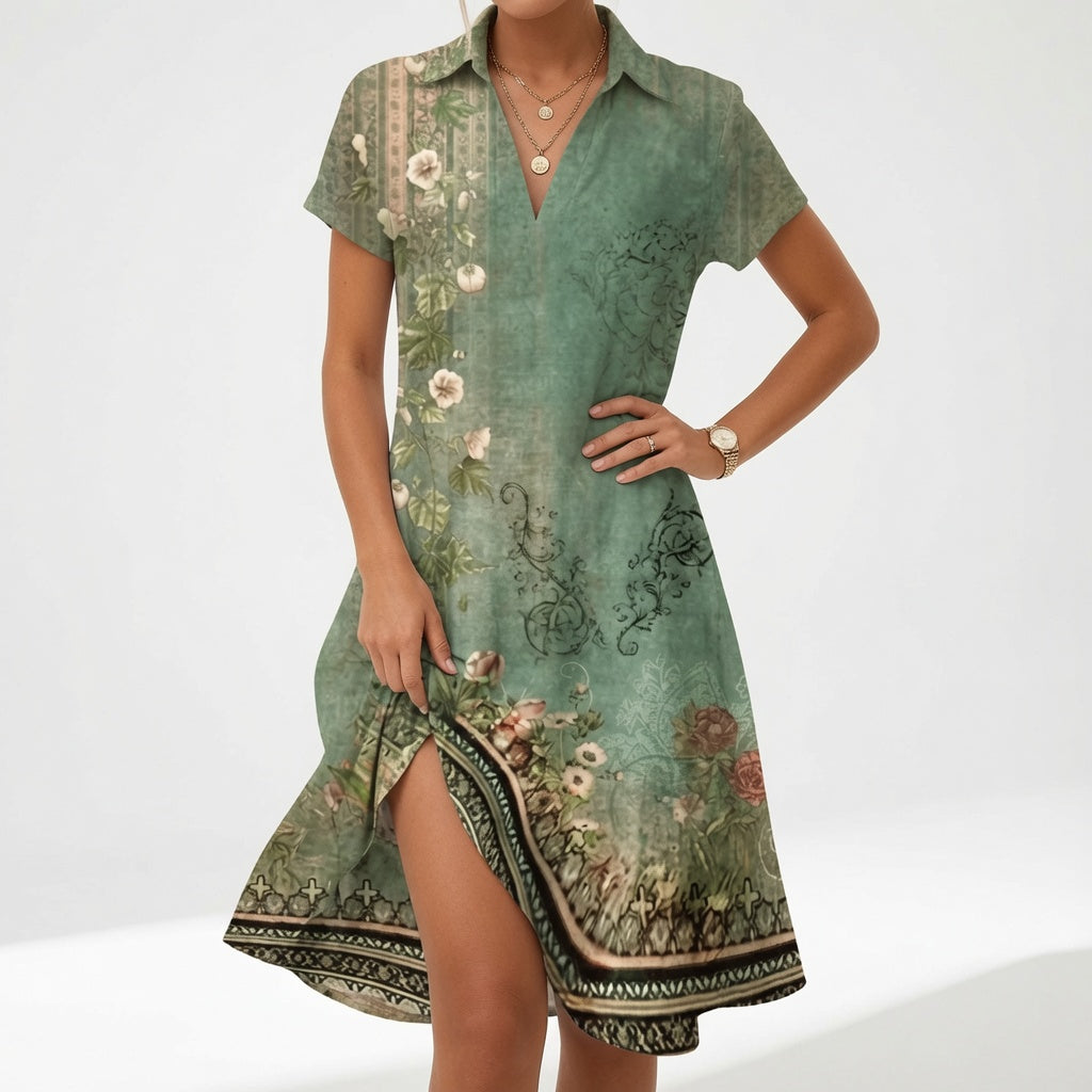 Chemiselle™ — Robe chemise col V fente latérale imprimée