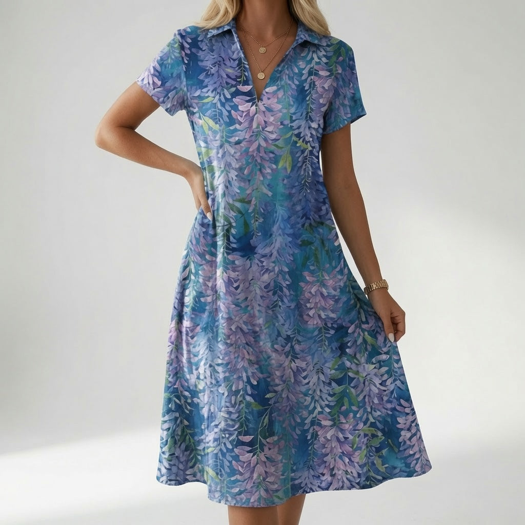 Chemiselle™ — Robe chemise col V fente latérale imprimée