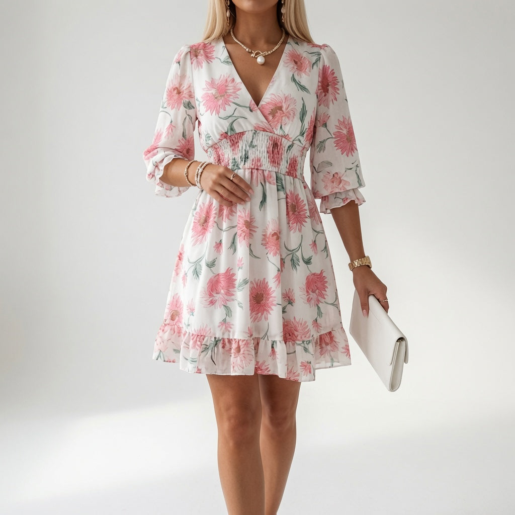 Églantine™ — Robe mini fleurie à taille smockée
