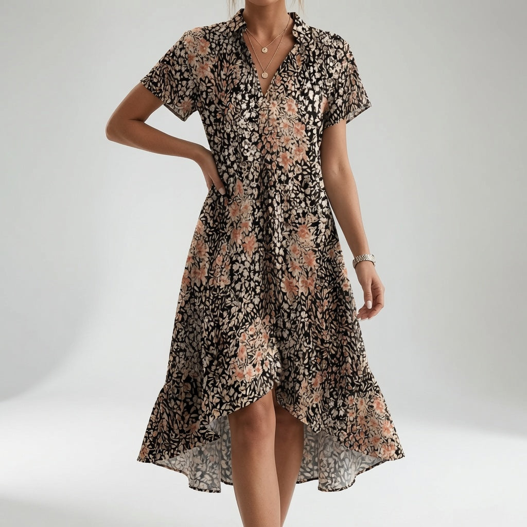 Chemiselle™ — Robe chemise col V fente latérale imprimée