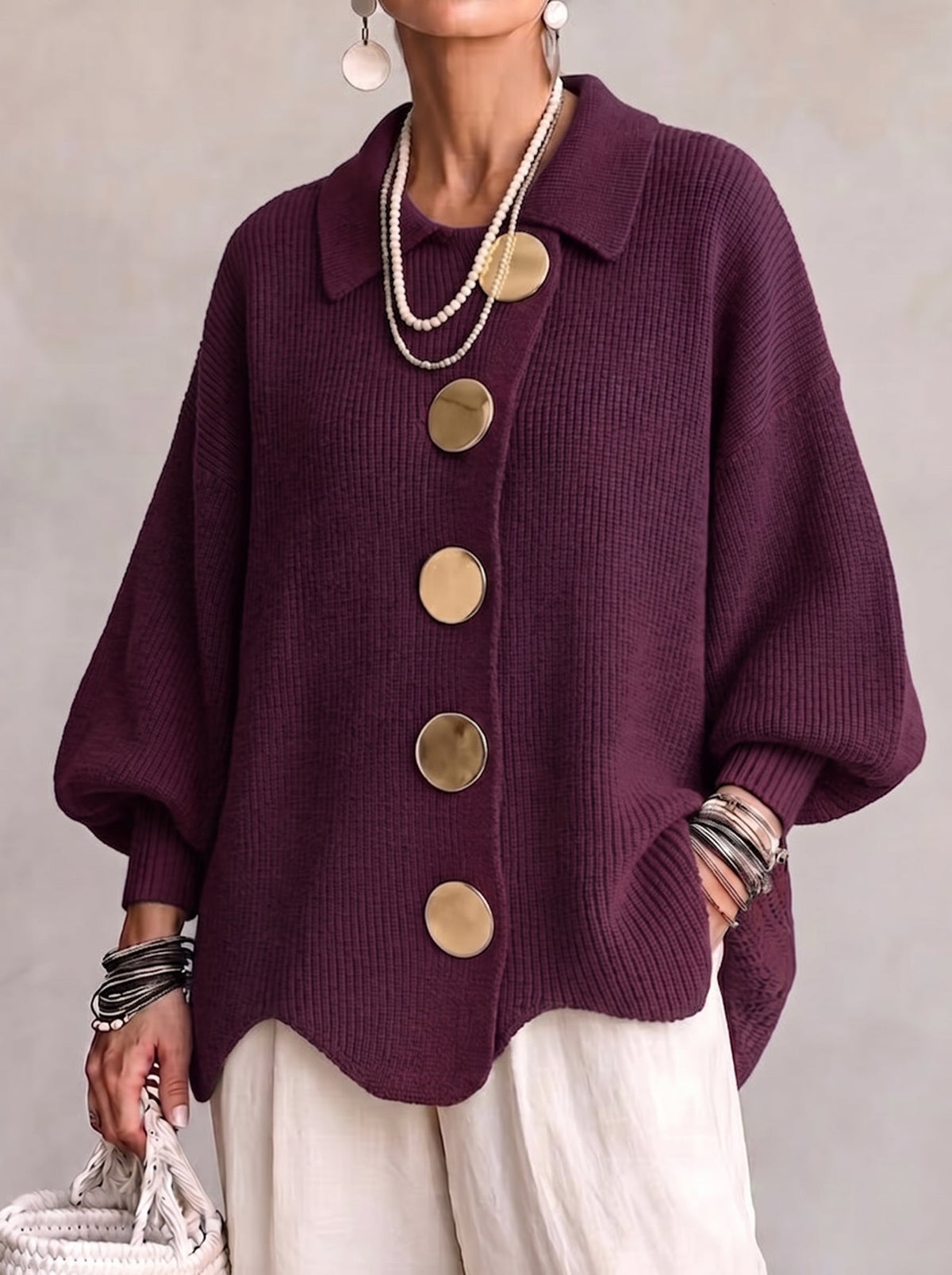 Isadora™ | Cardigan Oversize à Col avec Gros Boutons Métalliques